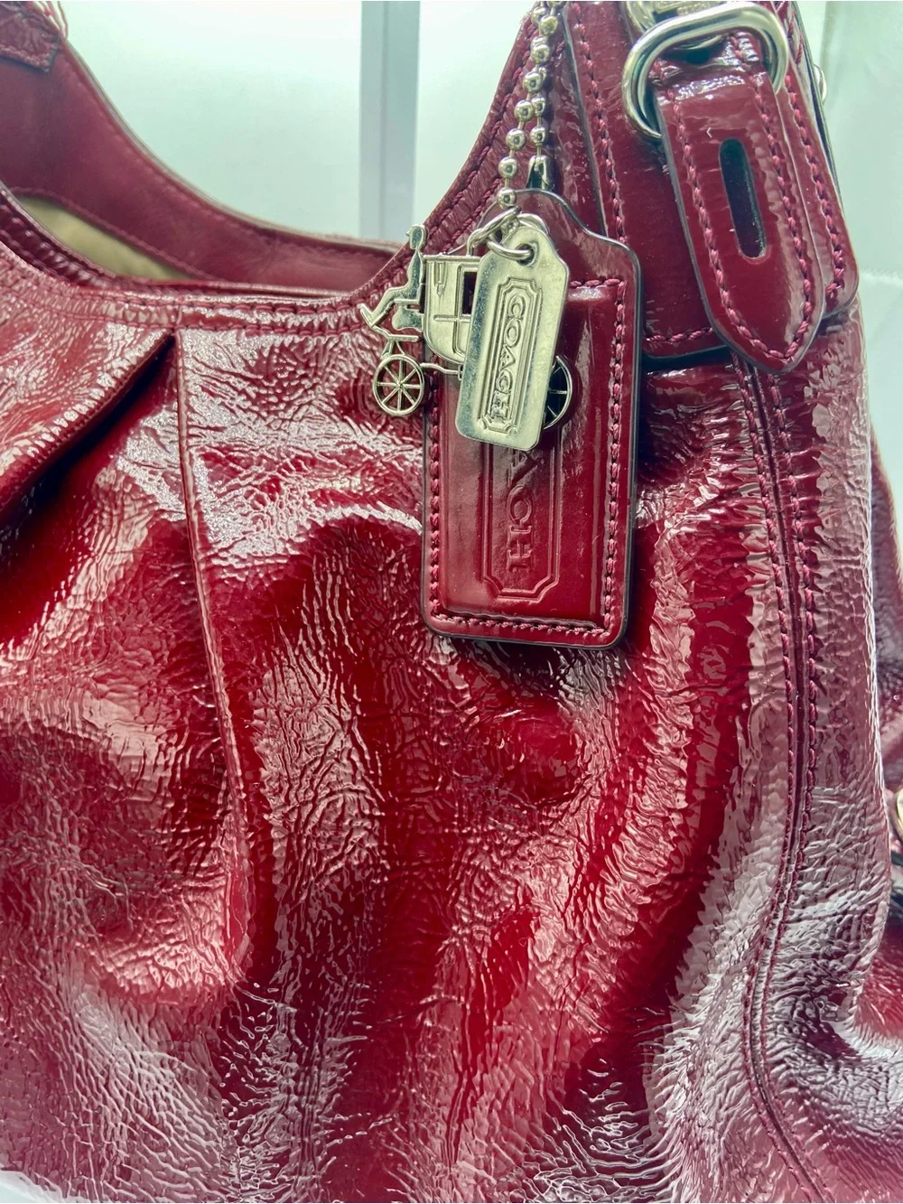 Coach Mia 15734 Burgundy Red Patent Leather Shoulder Bag Hobo Silver Hardware